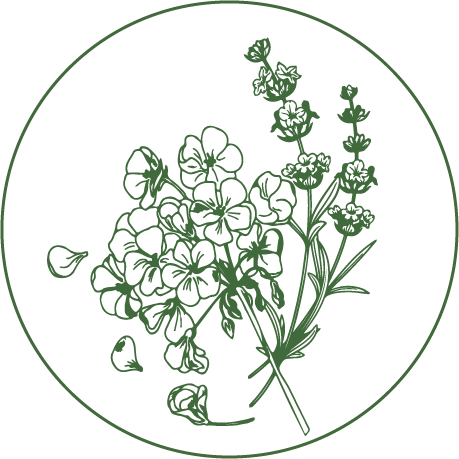 Green line drawing of a bouquet with hydrangea-like blossoms and lavender stems inside a circular border.