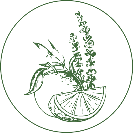 Green line drawing of a lemon half with rosemary and mint sprigs inside a circular border.