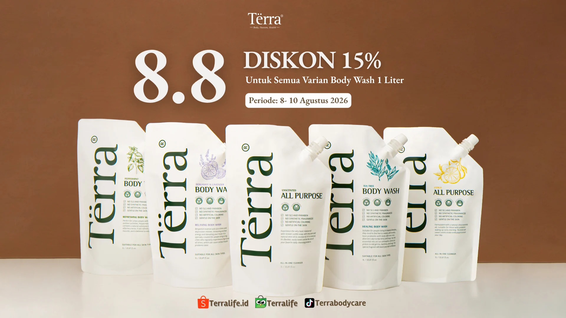 Promo 8.8 Terra Life diskon 15% untuk body wash 1 liter, periode 8 sampai 10 Agustus 2026 (sudah berakhir)