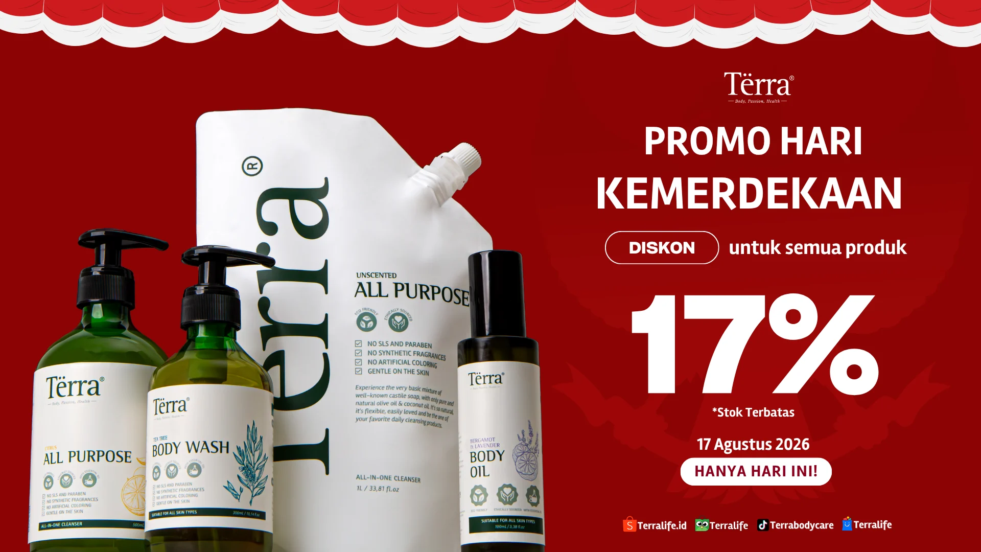 Promo Hari Kemerdekaan Terra Life diskon 17% untuk semua produk, 17 Agustus 2026 (sudah berakhir)